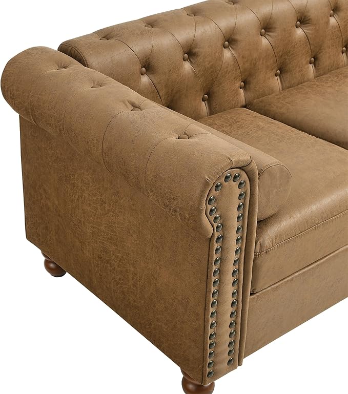 KEIKI 75 Chesterfield Velvet Tufted Button Sofa with Square Arms and Cushion Back Classic Style 3-Seater Couch with Solid Wood Legs Easy Assembly for Living Room Bedroom Apartment Brown