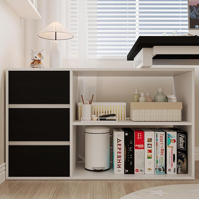 L Shaped Computer Desk 47 Inch Home Office Desk with File Drawers &amp Storage Shelves Small Corner Computer Desk for Small Space (White+Black)