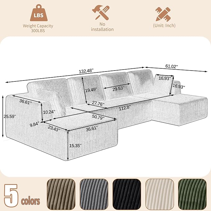 132 Boneless Sectional Cloud Couch Sofa for Living Room U-Shaped Couch with Double Chaise Lounge Comfy Memory Foam Modular Sofas Couches for Living Room (Brown 132.48 U-Shaped)