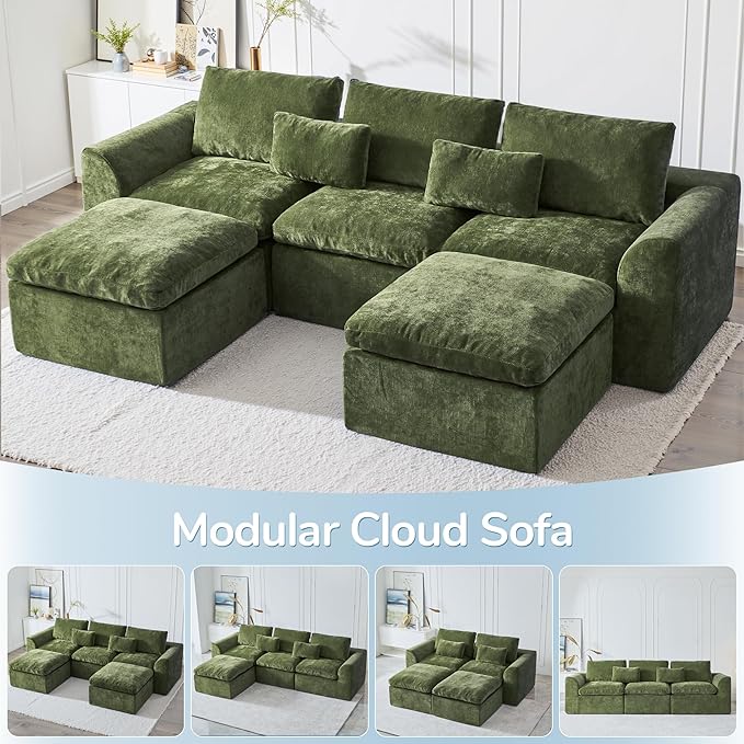 Modern Sectional Cloud Couch - 120'' Soft Modular Sectional Sofa – No Assembly Required - Deep Seat Couches with 2 Movable Ottomans - Oversized Chenille Sofa for Living Room - Green