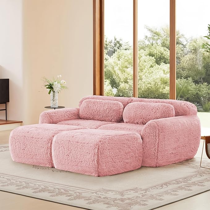 80 Sectional Couches for Living Room Comfy Boneless Couch 2 Seater Cloud Sofa Compressed Loveseat with 2 Ottomans Modern Love Seat in a Box Fluffy Plush Floor Couch No Assembly (Pink)