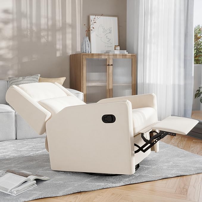 Flash Furniture Cash Swivel Glider Rocking Recliner Manual Recliner with 360 Degree Swivel for Living Room Bedroom or Nursery Fabric Upholstered Cream