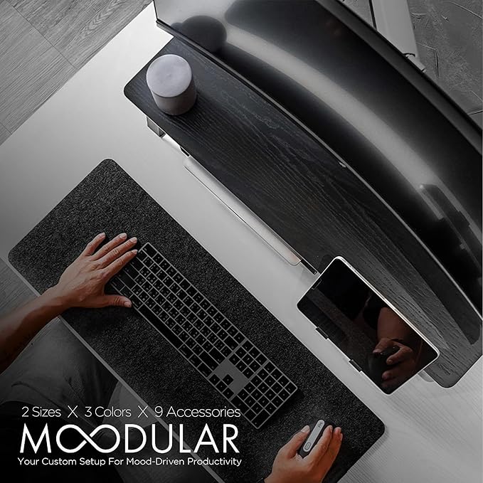 Moodular Wooden Monitor Stand 33.4” (85cm) Desk Organizer with Metal Slide Rails for Drawer Tray Laptop Tablet Phone &amp Headphones Customizable Riser for Organized Workspace Black MS85-B