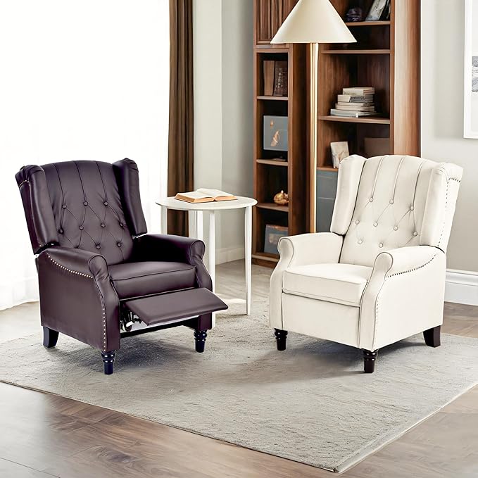 Softa Recliner Chair for Adults Mid Century Wingback Pushback Accent Chair with Rivet Decoration Tufted Upholstered Single Sofa Armchair for Living Room Bedroom Study (Fabric White)