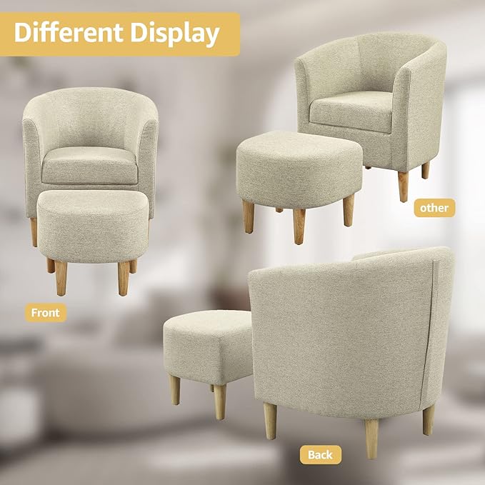 DAZONE Accent Chair Set of 2 Mid Century Modern Chair with Ottoman Comfy Armchair Footrest Set Comfortable Living Room Chairs Upholstered Barrel Club Tub Sofa Chair for Bedroom Reading Room Beige