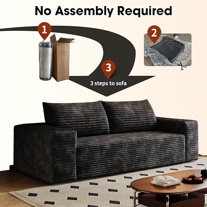 71 W Corduroy Boneless Couch 3-Seater Compression Sofa with Deep Seat No Assembly Required Comfy Loveseat Sofa with 2 Pillows Sofa Couches for Living Room/Apartment (Black 71 inch) | Breathable