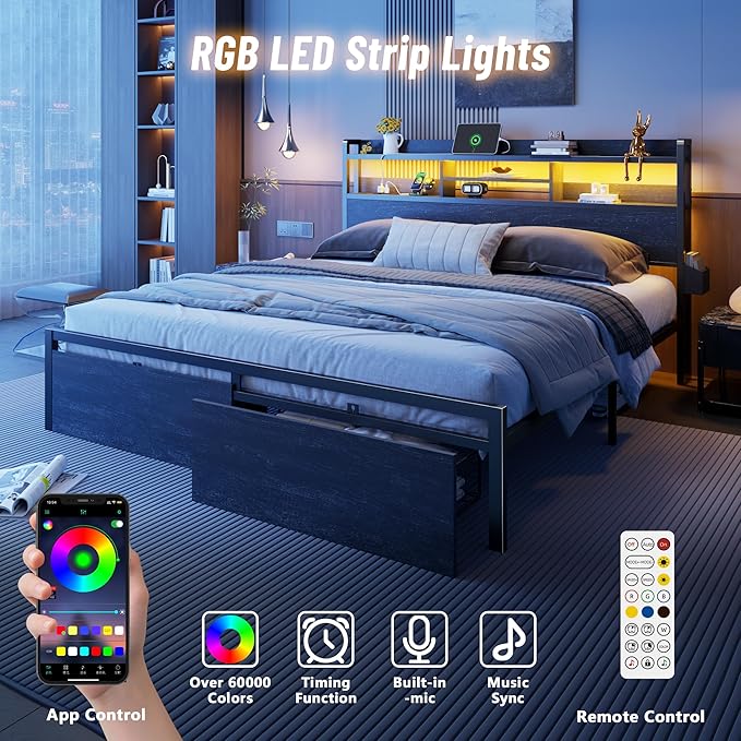 Furnulem King Bed Frame with Wood Headboard &amp Storage Drawers Metal Platform Bed Frames King Size with LED Lights Built in Charging Station No Box Spring Needed No Noise Easy Assembly Black