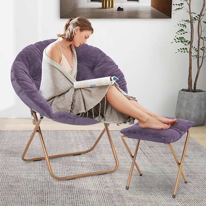 Comfy Saucer Chair Set of 2 with Footrest Metal Frame Cozy Lounge Lazy Chair Folding Faux Fur Round Saucer Chair for Adults Foldable Papasan Moon Chair for Living Room Dorm Bedroom
