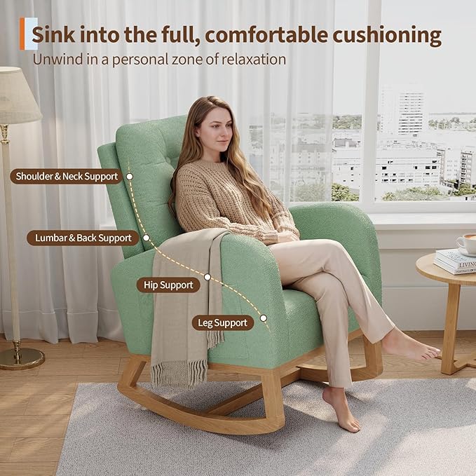 GarveeHome Nursery Rocking Chair Teddy Fleece Upholstery Sturdy Wooden Legs &amp High Backrest Comfortable Glider Rocking Chair for Living Room or Bedroom Light Green