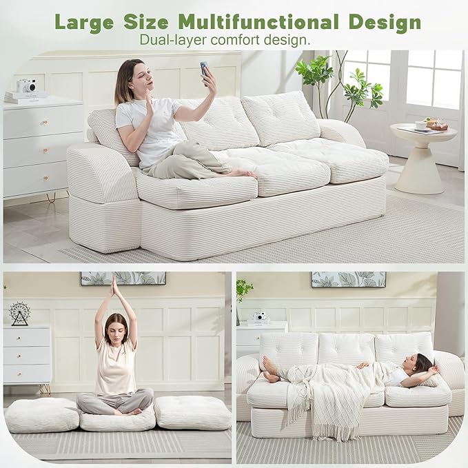 from Couch to Cloud: 3-Seater Boneless Sofa Bed for Small Spaces Cozy Tufted Corduroy Sleeper for Modern Adults No Assembly Needed Ships Compressed