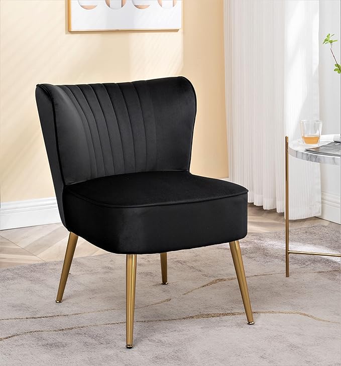 Modern Velvet Accent Chair for Living Room Bedroom or Entryway Stylish and Comfortable Armless Design with Metal Legs Black