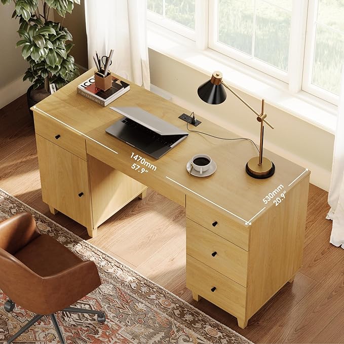WAMPAT Wood Desk with Drawers &amp Storage Cabinet 58 Inch Modern Wooden Executive Desk with Charging Station Home Office Large Computer Desk Work &amp Study Writing Desk Oak Wood