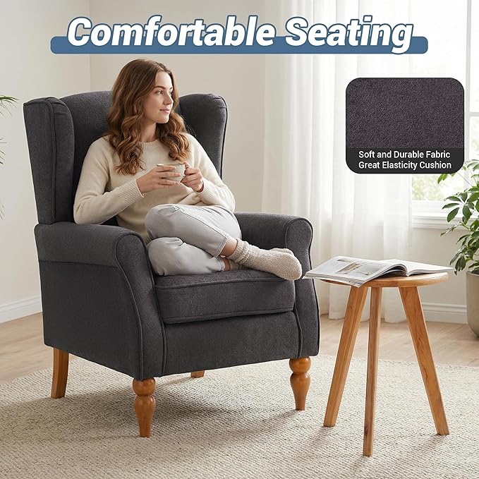 High Back Wingback Accent Chair Modern Upholstered Armchair Comfy Reading Chair with Solid Wood Legs for Living Room Bedroom Library Dark Grey