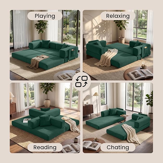 Belhome 78.8 Convertible Sofa Bed Futon Sofa Bed with Side Pocket Corduroy Pull Out Futon Sofa Boneless Couch for Living RoomsNo Assembly Required Jade Green