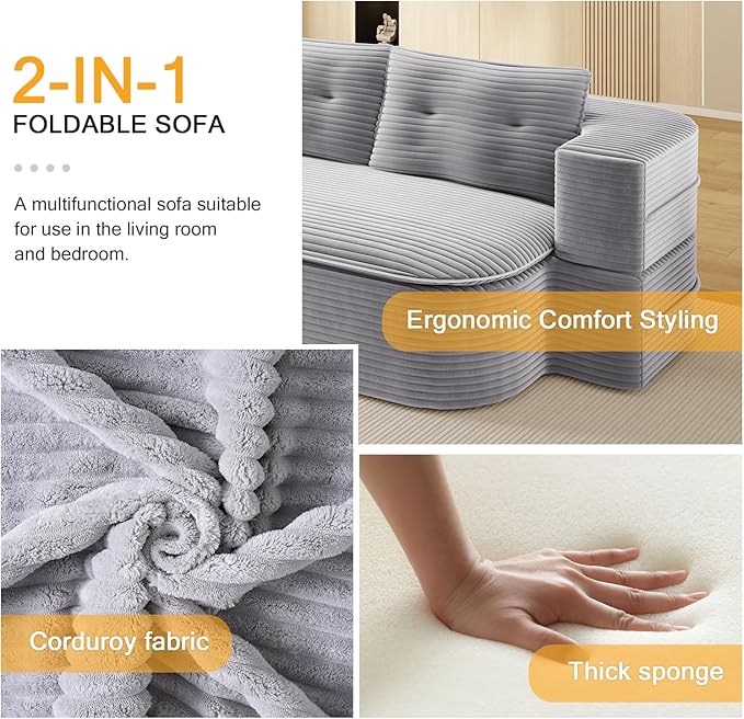 78.7 Convertible Sleeper Sofa Bed Floor Couch Loveseat with Functional Blanket and 2 Soft PillowsCorduroy Fabric Boneless Futon Couch for Living RoomBedroomApartment (Light Grey)