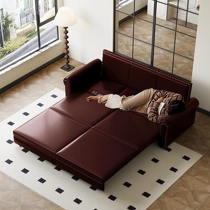 93.7 King Pull Out Sofa Bed Faux Leather Sleeper Sofa Couch 3 in 1 Convertible Futon Couches for Living Room Small Space Apartment Office Bedroom Modern Rivet Armrest Burgundy