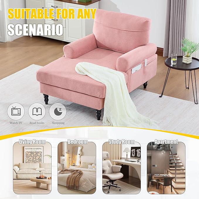 KEIKI Chaise Lounge Chair Indoor Oversized Accent Chenille Armchair with Storage Leisure Sleeper Single Sofa Side Chair Corner Recliner Arm Chairs for Living Room Reading Easy Assembly Pink