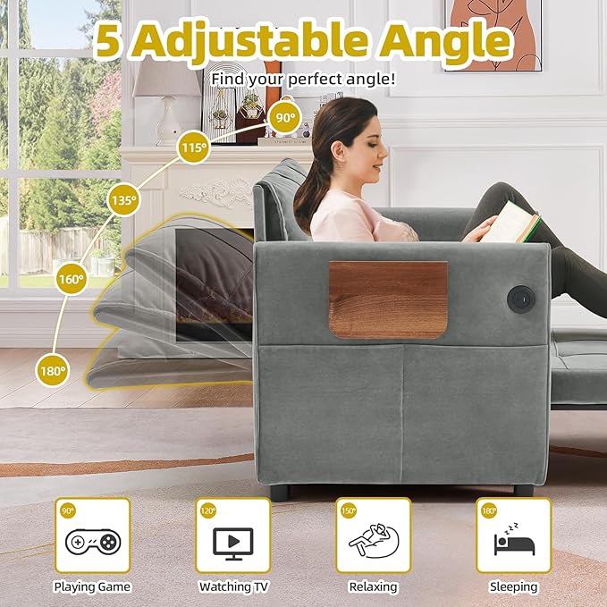 Convertible Sleeper Chair for Adults with Foldable Table USB Port &amp Bottom Storage Single Sleeping Sofa Bed for Living Room Guest Room Light Gray