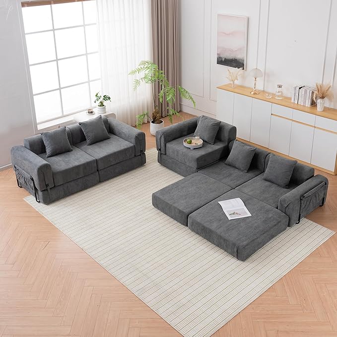 GNIXUU 71.3 Convertible Sleeper Sofa Bed Modern Convertible Boneless Couch with Foldable/Pull Out Bed Compressed Modular Futon Couch with Pillows &amp Storage Pocket for Living Room Bedroom Gray