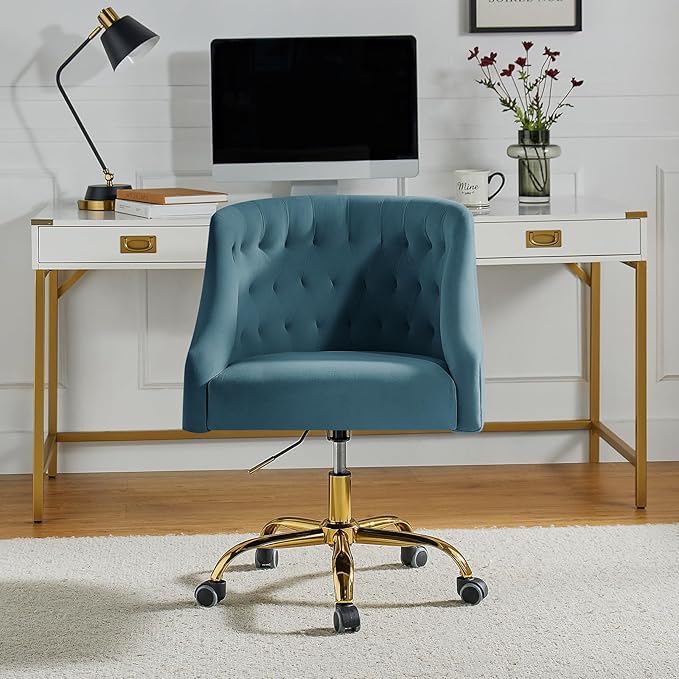 Velvet Home Office Chair with Gold Base Comfortable Modern Cute Desk Chair Height Adjustable Swivel Task Chair for Living Room Bedroom Vanity Study Blue