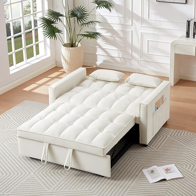3 in 1 Convertible Sleeper Sofa Bed 54'' Full Size Velvet Pull Out Futon Couch Recliner with Reclining Backrest &amp 2 Pillows Small Loveseat Lounge Couches for Small Spaces (Silver Grey)