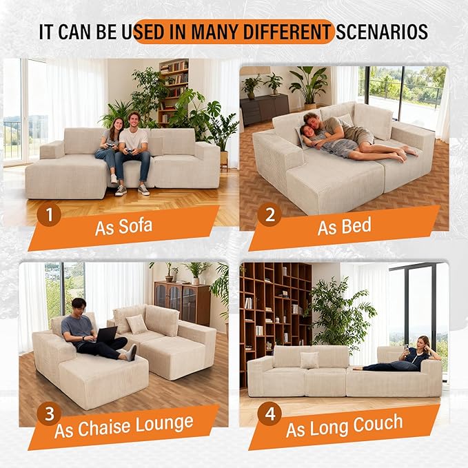 Boneless Couches for Living Room L-Shape Chaise Cloud Couch Modular Sectional 3 Pieces Deep Seat 111 Compressed Couches for Living Room Bedroom with Plush Corduroy Fabric No Assembly Required Khaki