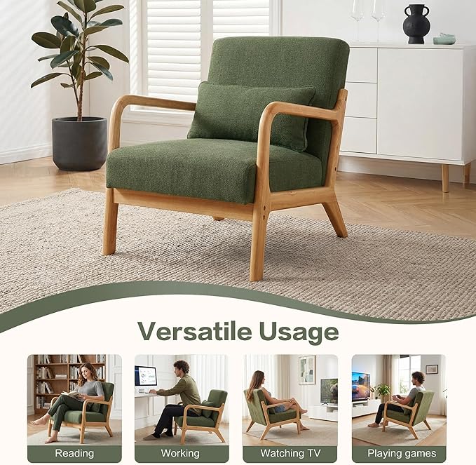 Mid Century Accent Chair Comfy Arm Chair with Solid Wood Frame Upholstered Modern Chair for Living Room Bedroom Waiting Room Green