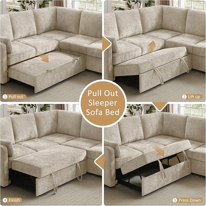 111'' Modular Sectional Sofa with Pull Out Bed U Shaped 6 Seat Sleeper Couch with Storage Chaise Modern Sectional Couch Cloud Chenille Sofa Bed for Living Room Apartment Office Camel