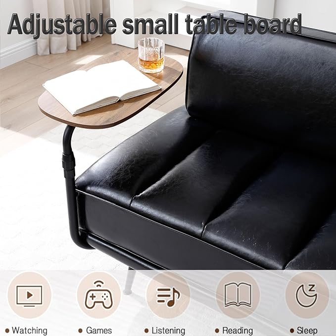 Anwick 55 PU Leather Small Sofa Loveseat Couch with Side Table Modern Upholstered Bed End Bench with Back for Bedroom Living Room Office Entryway (Black)
