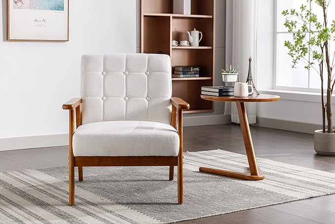 Leisure Chair with Solid Wood Armrest and Feet Mid-Century Modern Accent Chair for Living Room Bedroom Studio Chair