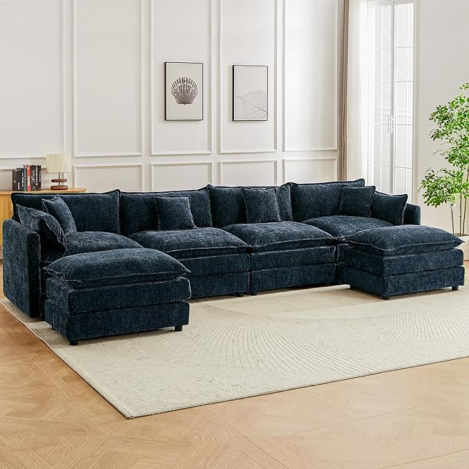 Modular Sectional Sofa 147.2 Inch U Shaped Couch Set with Armrests 4-Seater Comfy Cloud Couches with Movable Ottoman for Living Room Apartment Blue