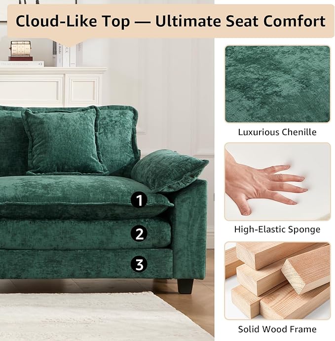 46.4'' Green Modern Large Sectional Couches for Living Room Chenille Fabric Modular Sectional Sofa Oversized Single Cloud Couch for Apartment Deep Seat Wide Arm Sofas Set Sofa para Sala