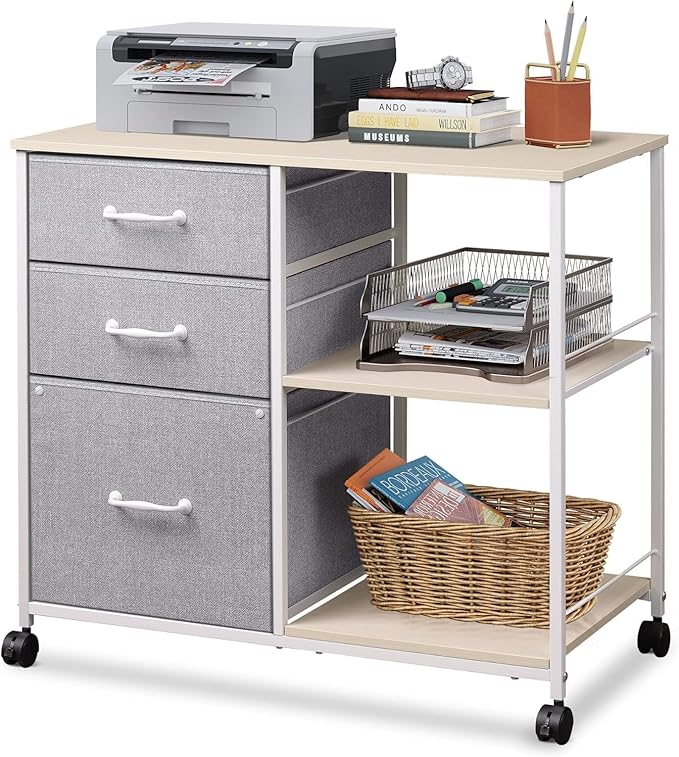DEVAISE 3 Drawer Mobile File Cabinet Rolling Printer Stand with Open Storage Shelf Fabric Lateral Filing Cabinet fits A4 or Letter Size for Home Office Light Grey