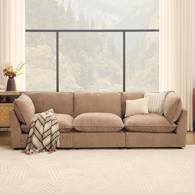 Modular Sectional Sofa Oversized Chenille Cloud Couch Deep Comfy Seat 3-Seater Sofas Couches for Living Room Khaki | Premium Chenille Without Compress Oversized Cloud Comfort Thick Cushions