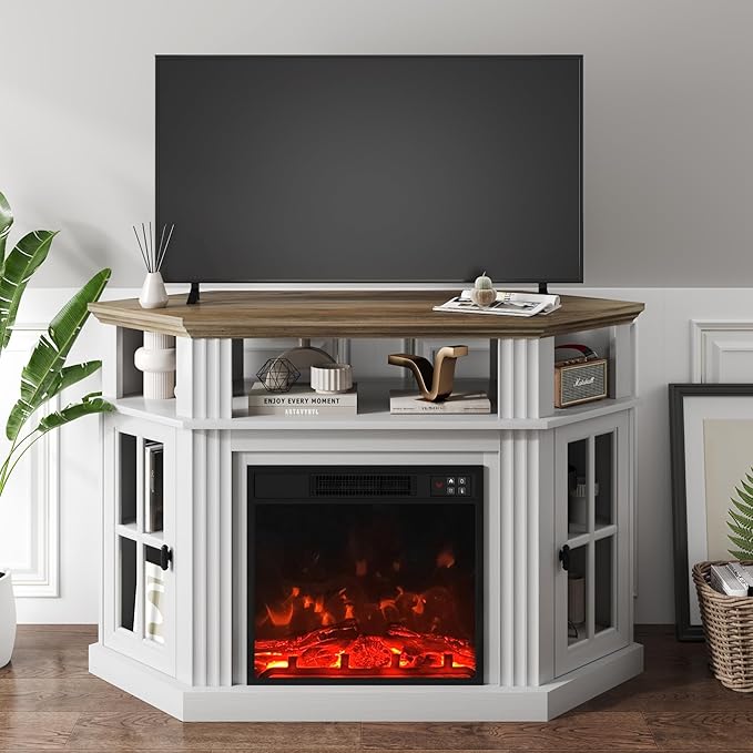 YESHOMY Corner Fireplace TV Stand for Television up to 55 with Storage Cabinets Entertainment Center Media Console for Living Room Bedroom White＆Rustic