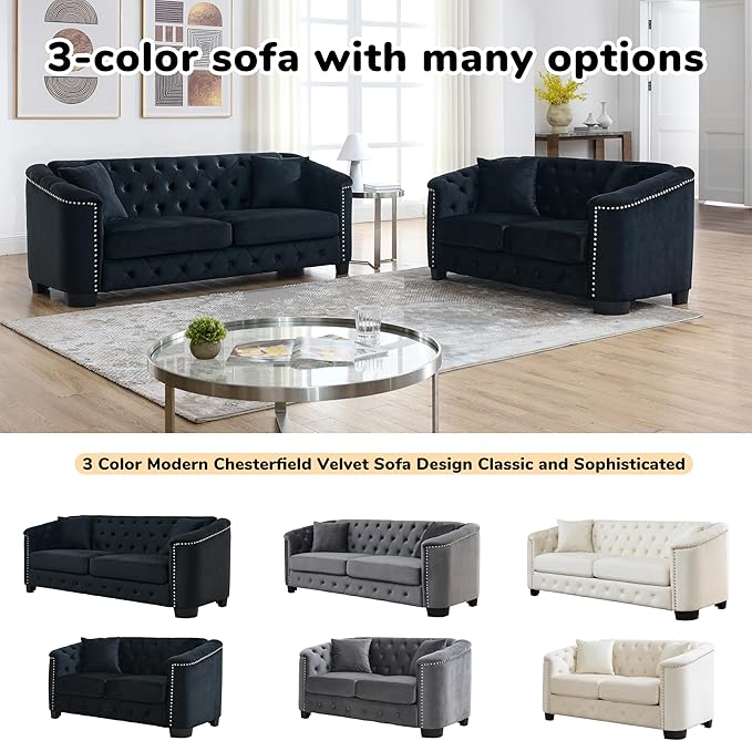 2 Piece Modern Chesterfield Velvet 77 3-Seater + 59 Loveseat Sofa Set Upholstered Tufted Backrests with 8 Nailhead Arms and 4 Cushions for Living Room (Black 77 3-Seater + 59 Loveseat Sofa Set)