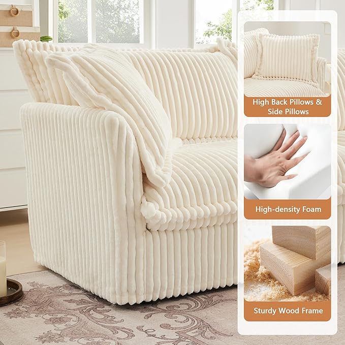 Aoowow Oversized Modular Sectional Sofa 156.6” Corduroy Comfy 4-Seat Sofa Couch Upholstered Deep Seat Couches with Big Toss Pillows for Living Room Apartment OfficeCream-Corduroy
