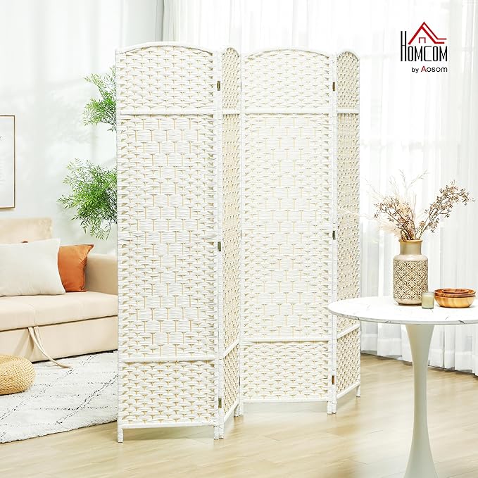HOMCOM Room Divider 6 Ft 4 Panel Folding Privacy Screen Hand-Woven PP Wall Partition with Pine Wood Frame Freestanding Room Separator for Bedroom Home Office No Assembly White