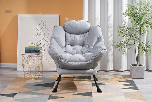 Modern Cotton Fabric Lazy Chair Accent Lounge Chair with Armrests &amp Side Pocket Comfortable Living Room Furniture for Adults
