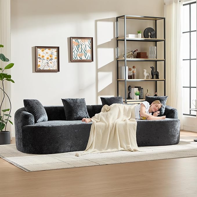 Curved Sectional Couch 110 Chenille Cloud Sofa with 4 Pillows 4-Seater Sleeper Sofa for Living Room Apartment Full Compression Sponge (Black 110 Inch)