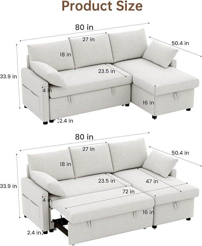 Sofa Bed 80'' L Shape Corduroy Sleeper Sofa Couch with Pullout Bed and Storage Chaise for Living Room Apartment and Sunroom Beige