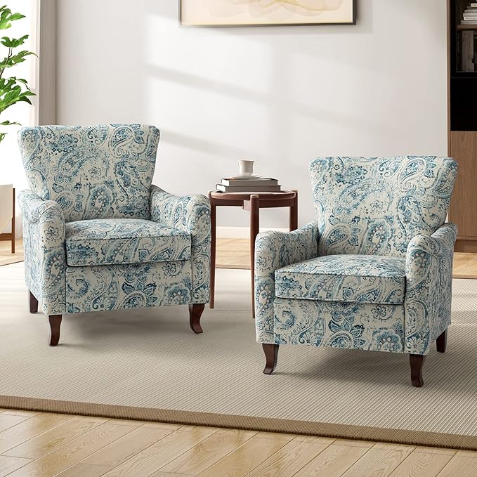 HULALA HOME Floral Accent Chair Set of 2 Modern High Back Armchair with Wooden Legs Comfy Wingback Chair Upholstered Accent Single Sofa Chair for Living Room &amp Bedroom Blue
