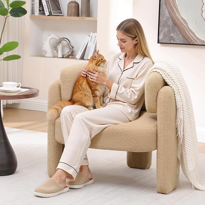 Accent Chairs Set of 2 Modern Sherpa Barrel Chairs Upholstered Living Room Chairs with 3 Legs Comfy Armchair Reading Side Chair for Bedroom Office Apartment Khaki