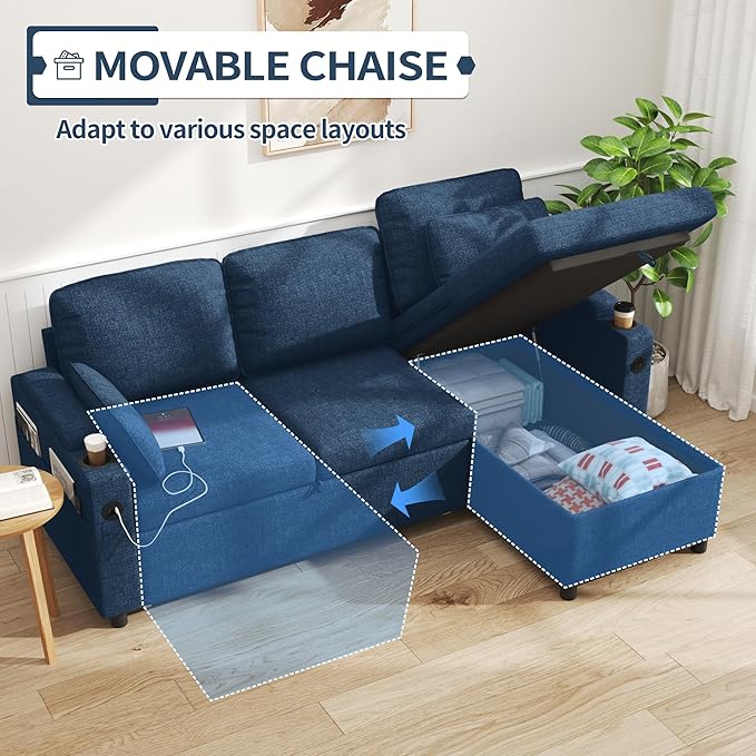 DURASPACE Sleeper Sofa Bed Pull Out Couch 2 in 1 Convertible Sofa Sleeper with Storage L Shaped Sectional Couch Bed for Small Spaces Living Room Bedroom Apartment (Blue)