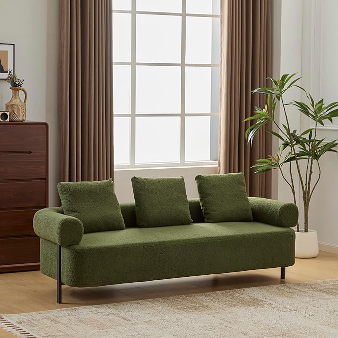 Christopher Knight Home Gilly 78 Modern Boucle Upholstered Sofa with Pillow Oversized Comfy Cloud Couch with Wooden Frame 3-Seater Sofa Couch for Living Room Bedroom Home Office Olive Green