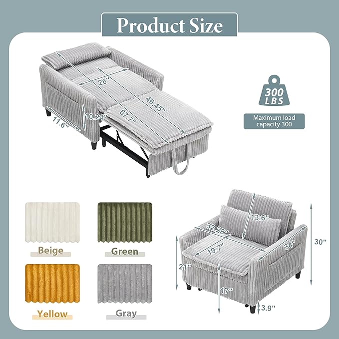 3-in-1 Convertible Corduroy Sleeper Chair – Plush Pull-Out Sofa Bed with Adjustable Backrest Compact Recliner Lounge Chair with 360° Rotating Side Table Perfect for Small Spaces Gray