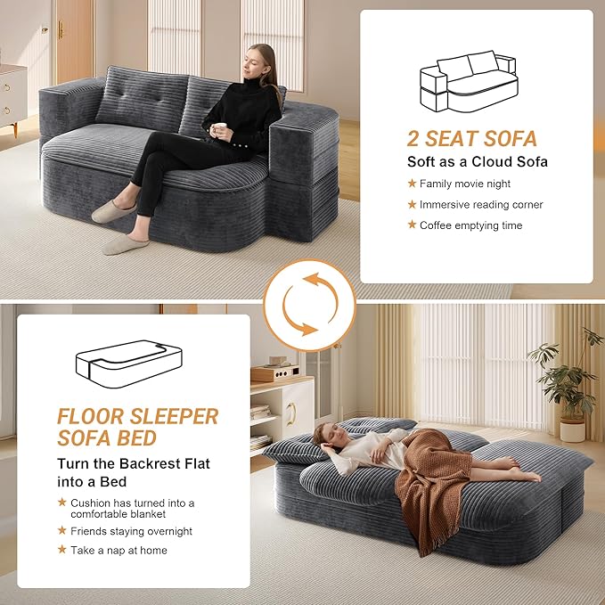 78.7'' Convertible Sleeper Sofa Corduroy Floor Foam Sofa Couch Love Seat Sleeper Bed Modern Folding Futon Couch Foldable Full Size Guest Bed with 2 Pillows and Blanket for Living Room (Dark Gray)