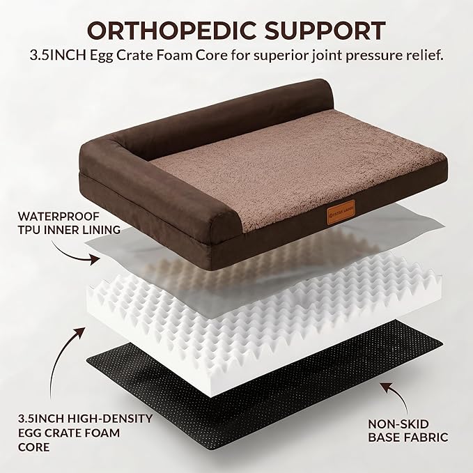 Patas Lague Orthopedic Dog Bed Medium Size Dog 30''X20'' Waterproof L Bolster Medium Pet Sofa Beds with Removable Washable Cover Soft Comfortable Pet Couch Crate Mat with Nonskid Bottom Brown