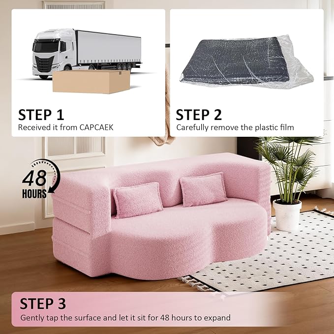 Folding Foam Sofa Bed15 Full Size Floor CouchConvertible Teddy Fabric Foam-Filled Sleeper Futon Loveseat Couch for Living Room Guest Use Office Apartmen (Pink)