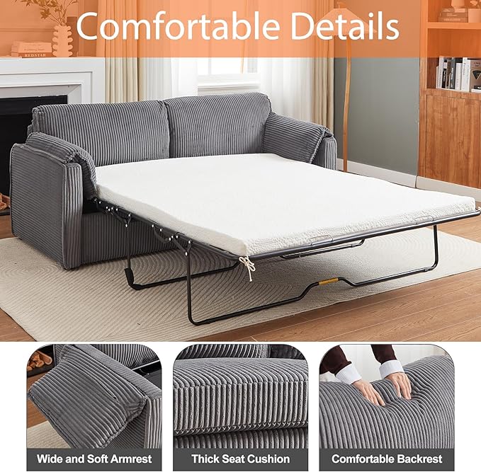 Pull Out Sofa Bed Corduroy Queen Sleeper Sofa Couch with Foam Mattress Large Sleeper Pullout Couch Bed for Living Room Office Queen Size (Grey)
